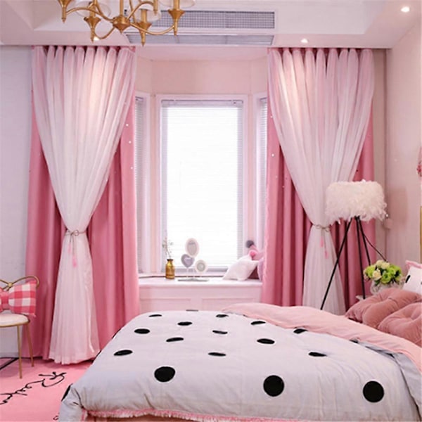 Stjerneutskjæring Vindusgardin Mørkleggingsgardiner For Barn Jenter Soverom Stue Dobbelt Lag Stjerne Vindus Mørkleggingsgardiner Hjemmeinnredning pink W100xH250cm