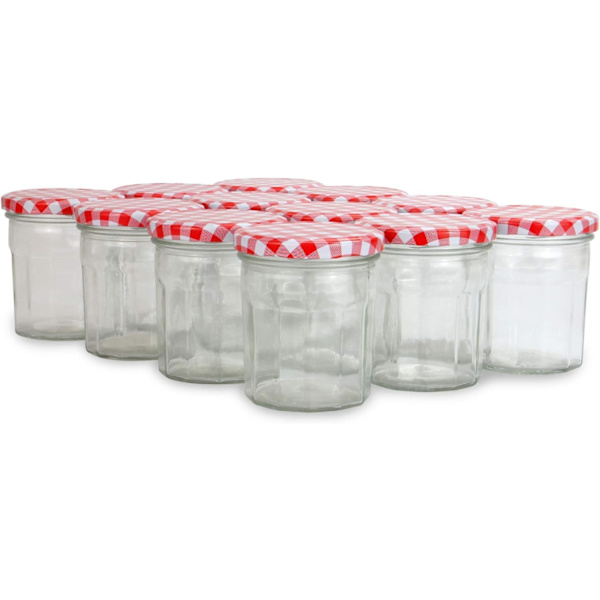 Glas syltetøjsglas | Sæt med 12 | Bred mund 380 ml glasbeholderkrukker lufttætte sylteglas | Hjemmelavet syltetøj, marmelade og chutneykrukke