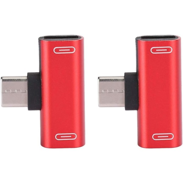 Adapter C Typ Ljudladdare Aluminium USB-C Splitter Laddning/Ring/Fjärrkontroll/Musik 2-i-1-omvandlare (röd) (2st)