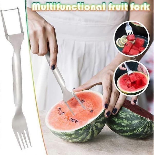 2-i-1 fruktkutter i rustfritt stål, vannmelon vindmøllekutter, grønnsakskutter, dobbelthodet fruktgaffel (3 deler)