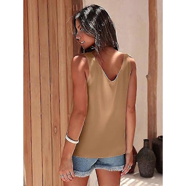 Dame Silke Satin Tanktoppe V-hals Afslappet Cami Ærmeløse Camisole Bluser Khaki XS