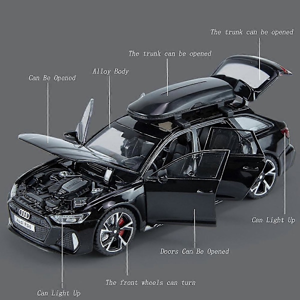 1/32 RS6 Leksaksbilmodell med Ljud Ljus Dörrar Öppnade Legering Diecast Modellfordon Samling Leksak för Pojke Vuxen Festivalpresent Black