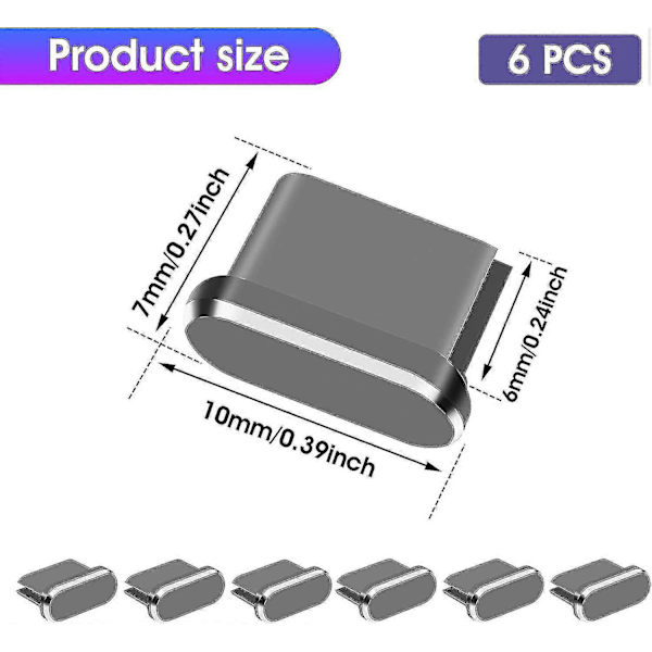 Typ C Dammskyddssats 6 st Aluminiumlegering Usb C Dammskyddskåpor Laddningsportsskydd fi Grey