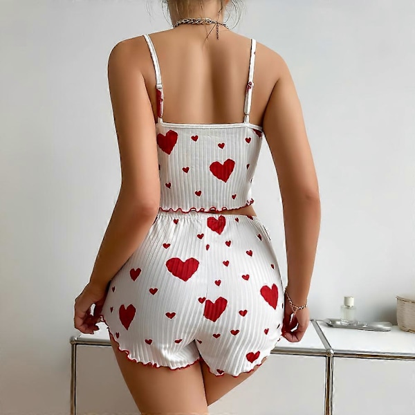 Dam Hemmakläder Kärlekstryckta Linne Shorts Tunn Ribbstickad Utekläder Europeiska och Amerikanska Dam Pyjamas Black Powder S