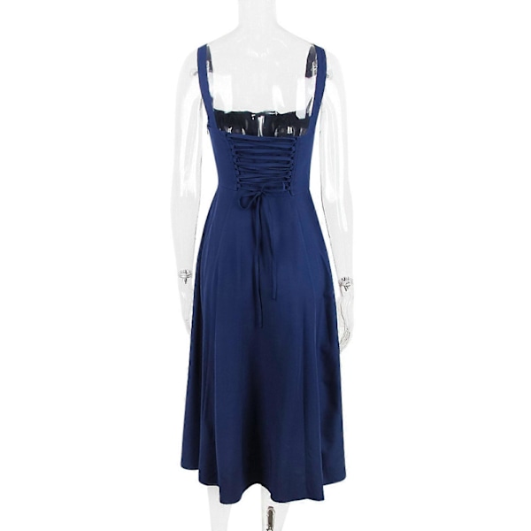 Slipskjørt Dame Sommerkjole  Casual Bohos Ermeløs Spaghettistropp Lang Strand Solkjole Navy blue L