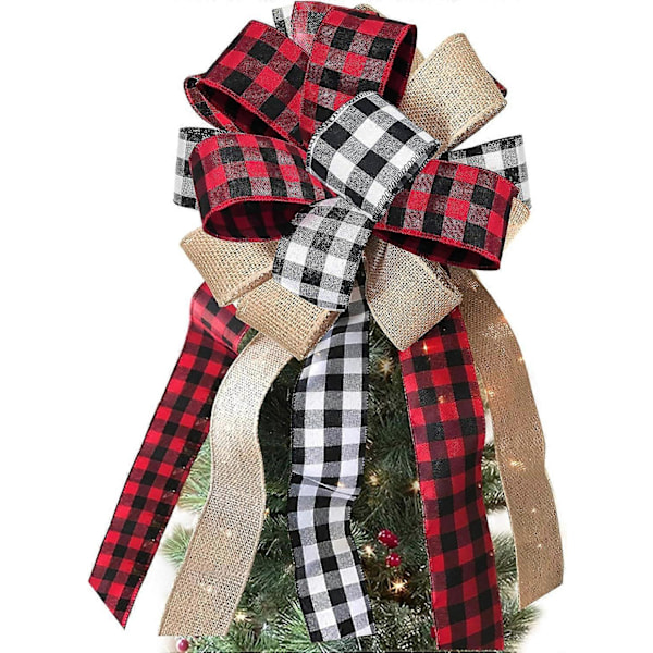 Håndlavet Juletræstop Hat - Buffalo Plaid Rød Sort Sækkelærred Dekoration Sløjfe