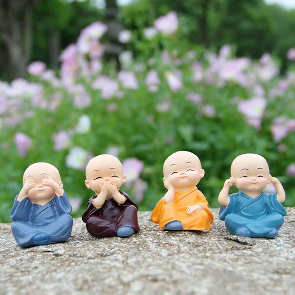 4 st söta Kung Fu munkstatyer Miniatyr Buddha figurin Vis figur Baby Little Monk Skulptur Samlarobjekt Hantverk Konst Zen Prydnader Dekoration Present