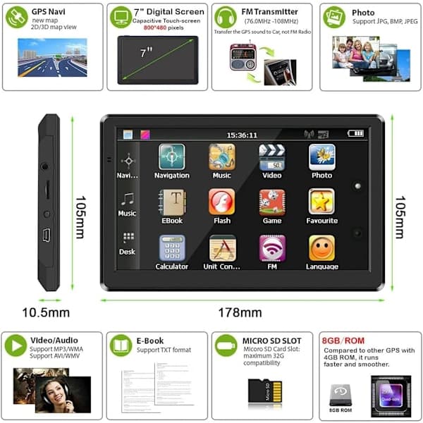 7 tommer touchskærm bil lastbil GPS navigator Sat 8GB 25