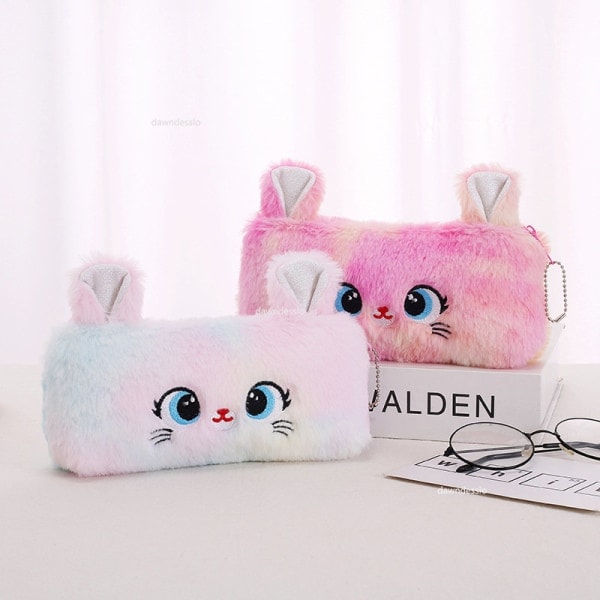 Tegneserie søt katt plysjveske pennal etui fluffy stor kapasitet pennal rosa Pink