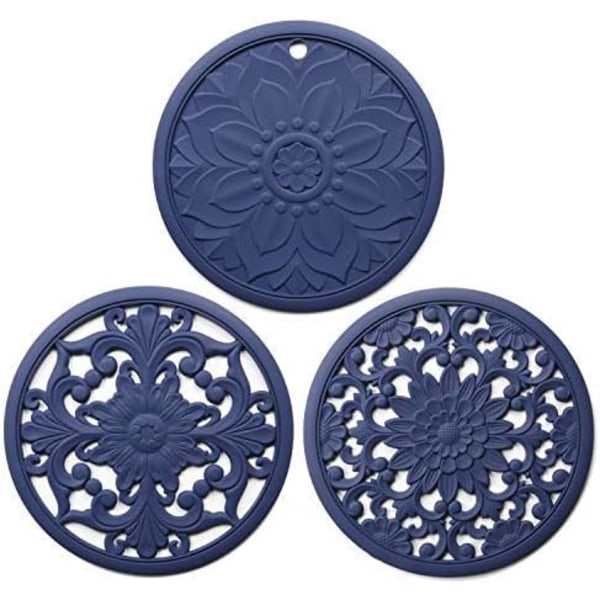 Silicone Trivet Mats, 3 Heat Resistant Pot Holders, Multipurpose Non-Slip Hot Pads for Kitchen Countertops & Table (Blue)