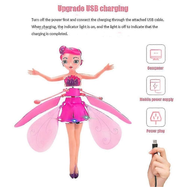 LED Magic Flygande Fe Prinsessa Dock Remote Control Flygande Leksak USB Laddning För Barn Presenter Hög Kvalitet MTS Pink