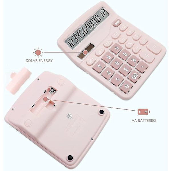 Pink lommeregner, skrivebordslommeregner 12 cifre med stor LCD-skærm