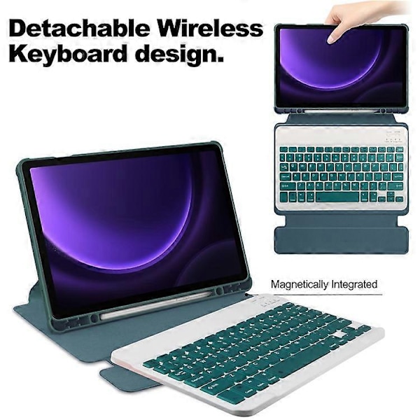 Yhteensopiva Samsung Galaxy Tab S9 FE Kotelo Nahka+Akryyli Pyörivä Jalusta Suojus Bluetooth-näppäimistöllä DarkGreen