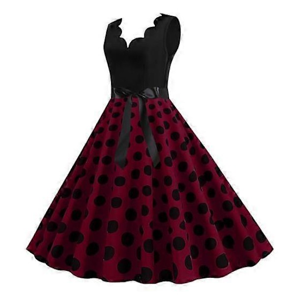 Dame Midi Kant Høy Midje Snøring Stram Kjole Blomster Sløyfe Dekor Ermeløs A-linje Løs Kant Prikket Retro 50-talls wine red S
