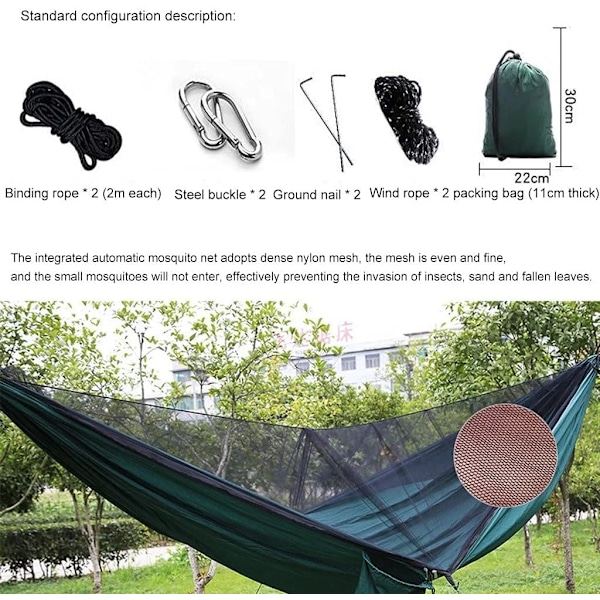 Hængekøje Camping med Myggenet Hurtigtørrende Bærbar Dobbelt Hængekøje til Rygsækrejse, Rejser, Terrasse, Vandreture, Have Dark Green