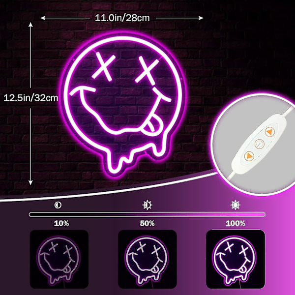 Smiley Face Neon-skylt med smält leende - Smält leende Neon-skyltar LED-skylt för väggdekoration Dimbar Neon Smiley Face Ljusskyltar för sovrum, barnrum, fest, rosa W