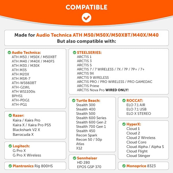 Wicked Cushions Opgraderede Erstatningsørekopper til ATH M50X - Passer til Audio Technica M40X / M50XBT / HyperX Cloud & Cloud 2 / SteelSeries Arctis 3/5 / 7 /