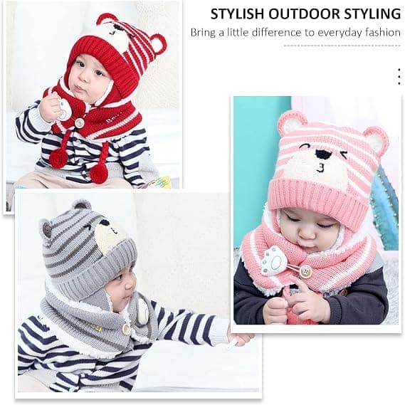 Baby stickad mössa och halsduk set, nyfödd och småbarn vinter varm stickad mössa, fleecefoder, lämplig för små pojkar och flickor.