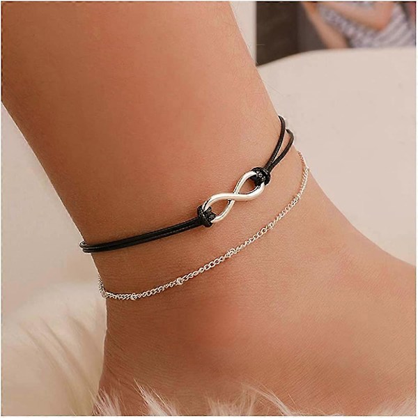Bohemia Lagdelt Sort Læder Anklet Uendelighedsknude Charm Vedhæng Fodkæde Boho Strand Fod Smykker til Kvinder og Piger