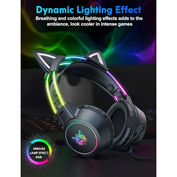 Lett Gaming Headset med Avtakbare Katteører, Gradient RGB-lys, Kablede Over-Ear Hodetelefoner for PC/PS4/PS5/XBOX/Switch, Virtu