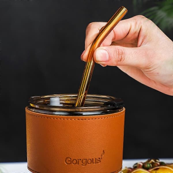 Glasmuggar med Sugrör, Resemuggar för Iskaffe, Stora Pärljuicer Smoke grey