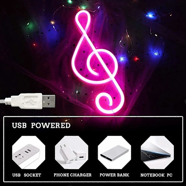 LED-skylt Neon Skylt Noter Musik Neon Skylt USB/Batteridriven Neonbelysning Rosa Neon Nattlampa Väggdekor Neonlampa Neon LED-skylt för Barn Present (Rosa)