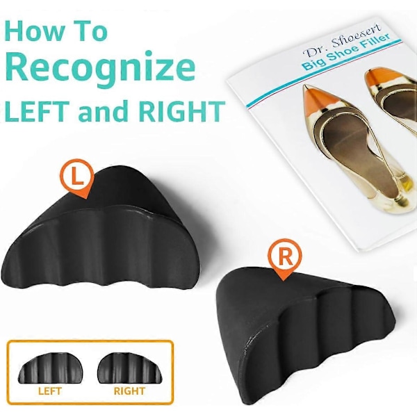 Kengän täyteaineet, 2 paria, varvaspehmusteet, jotka tekevät suurista kengistä sopivat, pehmeät puolikoon pohjalliset löysille kengille 2Pairs Black pointed