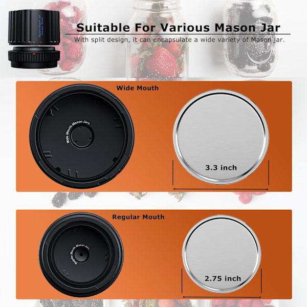 for Mason Jar Vakuumforsegler, YDI Elektrisk Mason Jar Forsegler Kit med 10 Låger, Kompatibel med Vanlige og Brede Munn Mason Jar