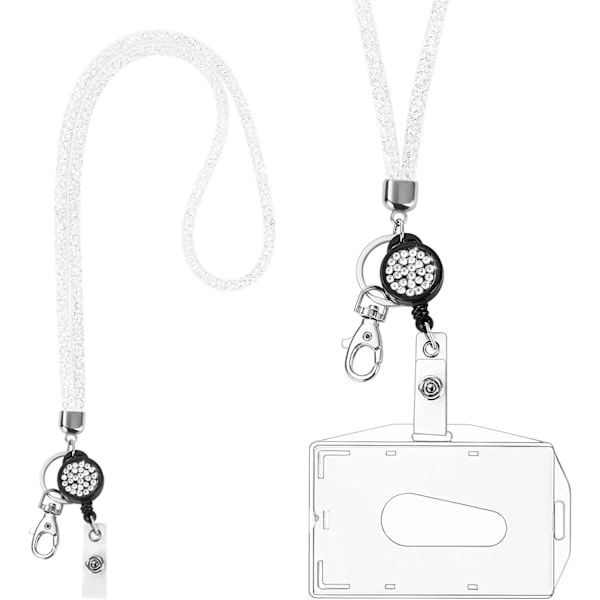 Korthållare med snöre, kristallsnöre med transparent ID-korthållare, snöre och brickhållare set, nyckelring brickhållare och nackband för nycklar Plain White