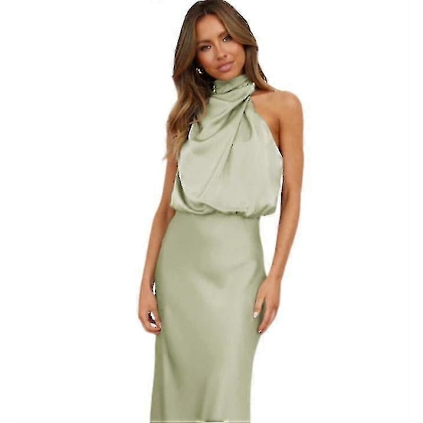 Sommerkjole i sateng for kvinner, uten ermer, plissert og lang Light green L