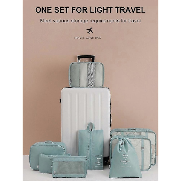 8 stk. Pakkekuber Bagasjeoppbevaring Organizer Kompresjons Koffert Reiseveske Beige