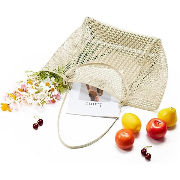 Sommerstrandveske, dame netting tote bag, stor casual skuldertaske med glidelås innerlomme for reise daglig basseng gym piknik Milky
