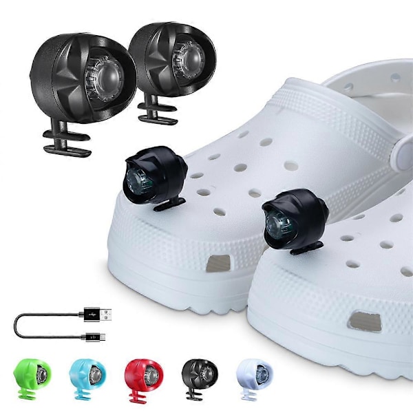 Genopladelige Forlygter til Crocs, 2 stk. Bærbare Croc-lygter til Sko BLACK