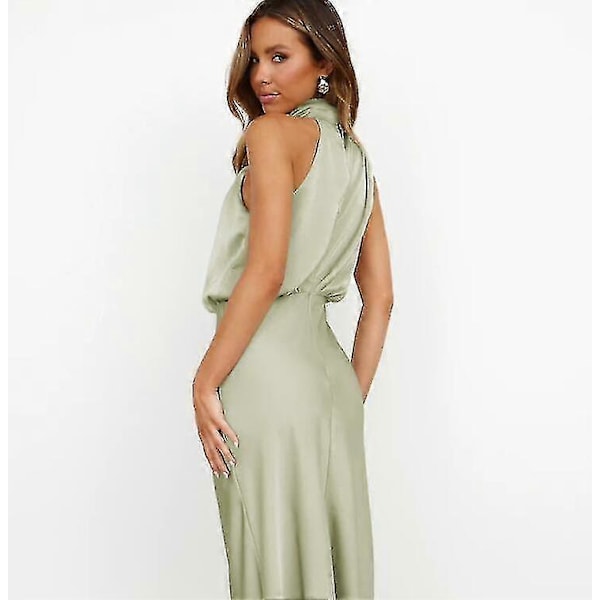 Naisten kesäinen satiininen hihaton laskostettu pitkä mekko Light green M