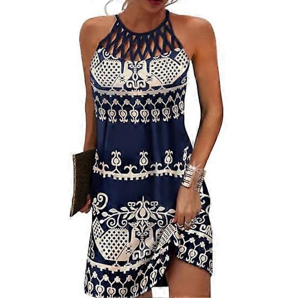 Mini Klänning Dam Halterneck Strand Pullover Chic Färgmatchande Sommarklänning Damkläder dark blue M