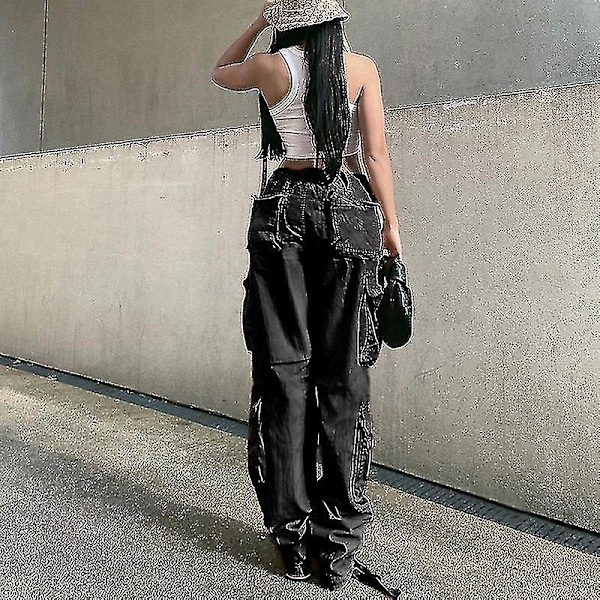 Dame Baggy Hip Hop Cargo Bukser Med Lomme Y2k Lav Talje Snøre Løse Joggingbukser Cargo Bukser Casual Sweatpants Streetwear Black L