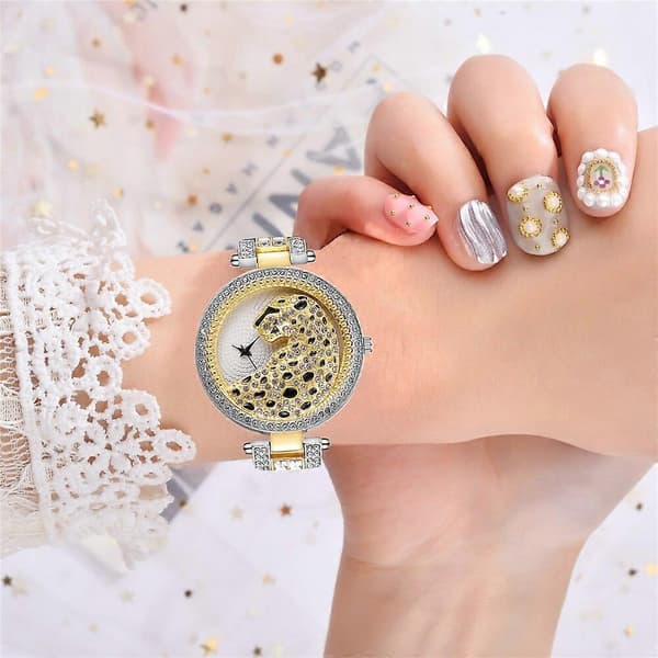 Guld Leopard Ur Bling Dame Quartz Ur Gold Silver