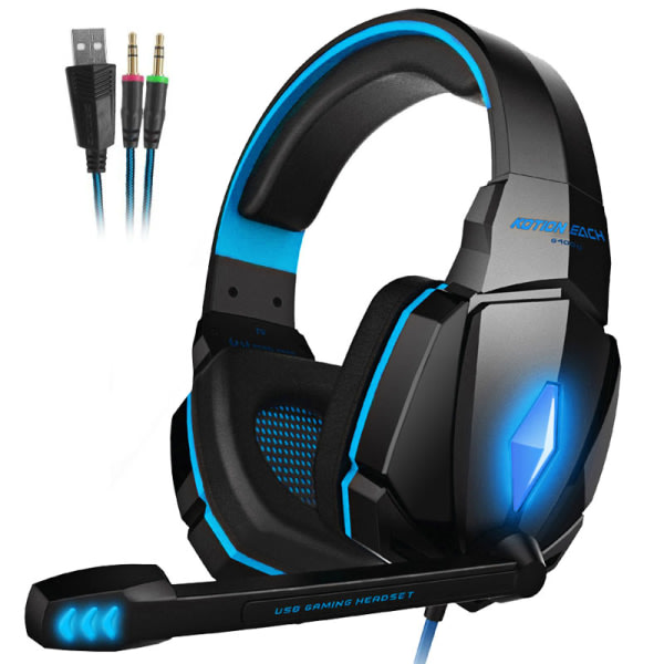 Stereo Gaming Headset Dyb Bass Computer Spil Hovedtelefoner Hovedtelefon med LED Lys Mikrofon til PS4 Blå Blå