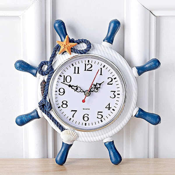 Udendørs indendørs vægur, Hjul i middelhavsstil i træ, rorur Havtema Strandur Nautisk båd dekorativt ur (blå) Stcyv