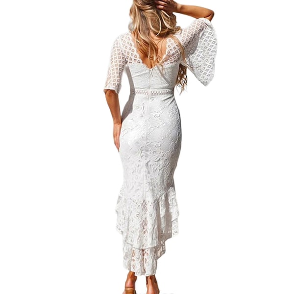 Dam Klänning Dip Hem Hög Låg Assymetrisk Spets Bodycon Fishtail Swing Klänning L White