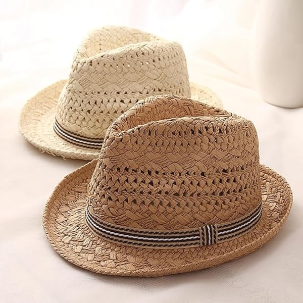 Halmhatt, Cowboy Cowgirl Panama Fedora Hat Klassisk Sommer Strand Solhatt Bred Bremskjerm Jazz Cap Bowler Hat for Barn, Beige