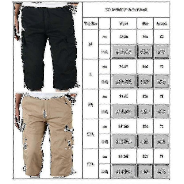 Miesten 3/4 pitkät joustavavyötäröiset shortsit Cargo Combat kolmeneljänneshousut Black M