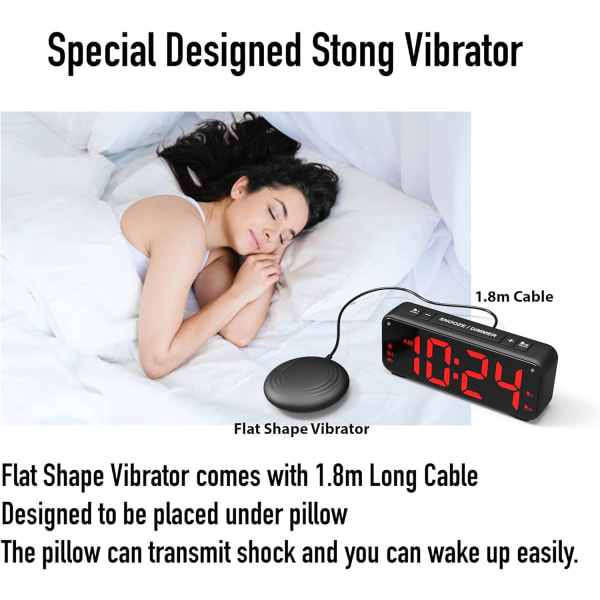 A5 super vibrerende vækkeur + super høj alarm, velegnet til tunge sovende/døve/hørehæmmede, super stort display sort