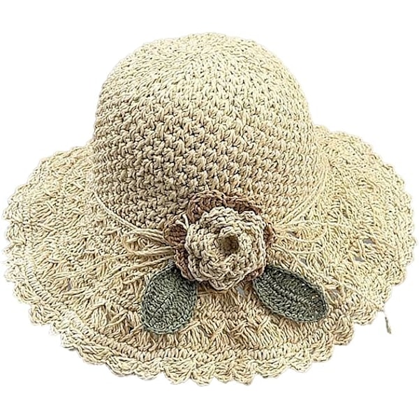 Sommerhatt i strå | Justerbare stråhatter med blomster, myke solbeskyttende hatter for sommerbeige