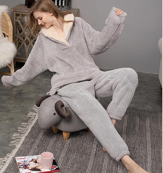 Dam Pyjamas Varma Fleece Pyjamasset Vinter Mjuka Dam 2-Delat Nattkläder Loungewear Set Långärmad Topp och Termiska Byxor Pjs Sovkläder