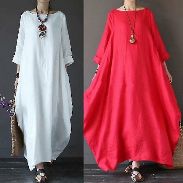 Sommerkjole for kvinner, langermet, løs bomulls- og linskjole for fritid Red 2XL