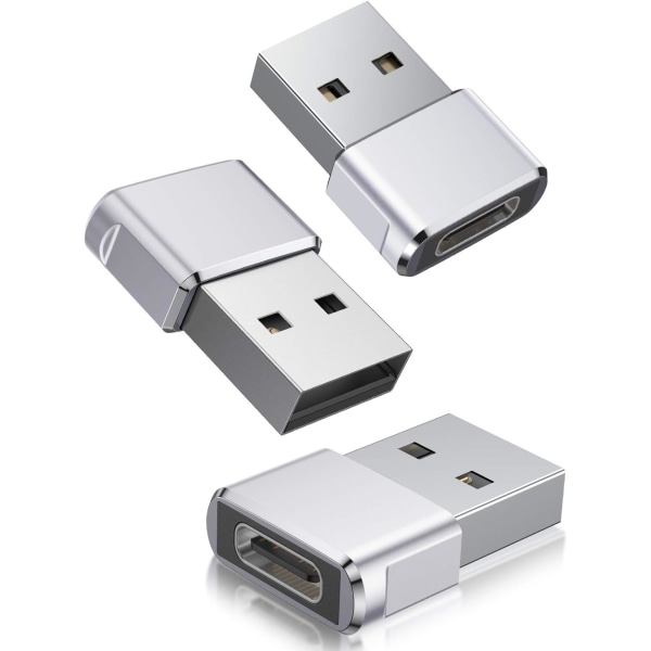 USB till USB C-adapter 3-pack, Typ C hona till USB A hane laddningskabelkonverter för Apple iWatch 8 7 SE, MacBook, iPhone 12 13 14 15 Max Plus Pro, Airpods silver