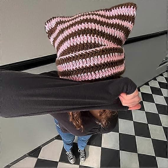 Dam Kattmössa Virkade Mössor med Öron Stickad Vinter Varm Elastisk Mössa Slouchy för Flickor Vuxna Barn