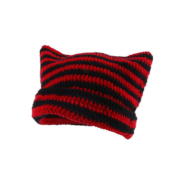 Dame Beanie Hat Lille Djævel Stribet Strikket Ulddækssel Vinter Katteører Hat Black Red