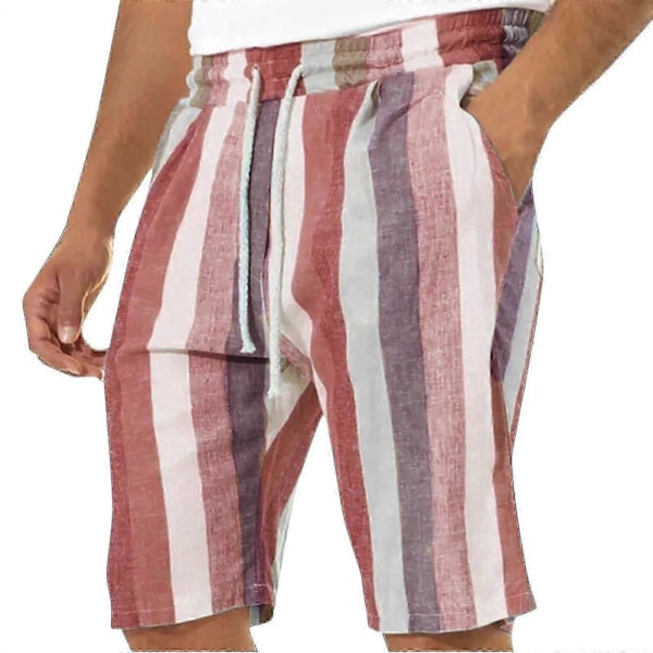Herr Casual Bomull Linne Shorts, Sommar Färgblock Randiga Dragsko Midja Shorts Red XXL